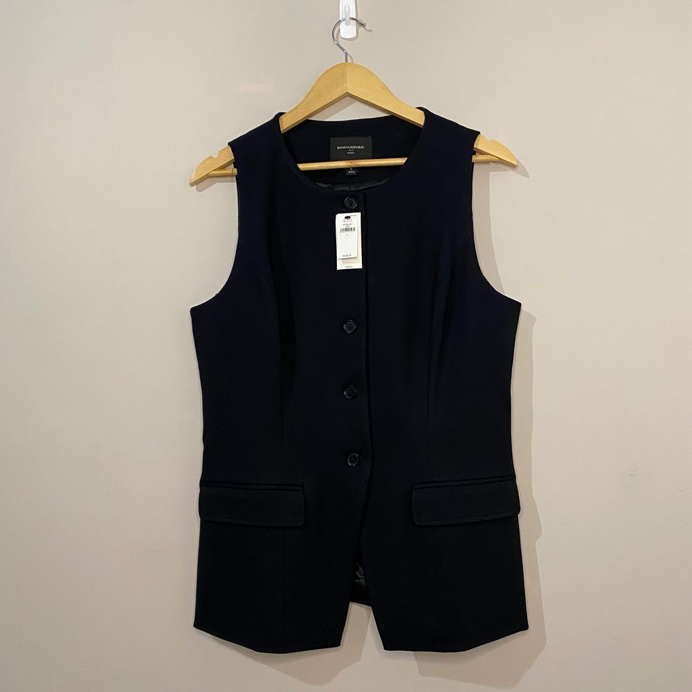 Banana Republic NWT Black Ponte Vest Button Front Flap Pockets Size LARGE NEW